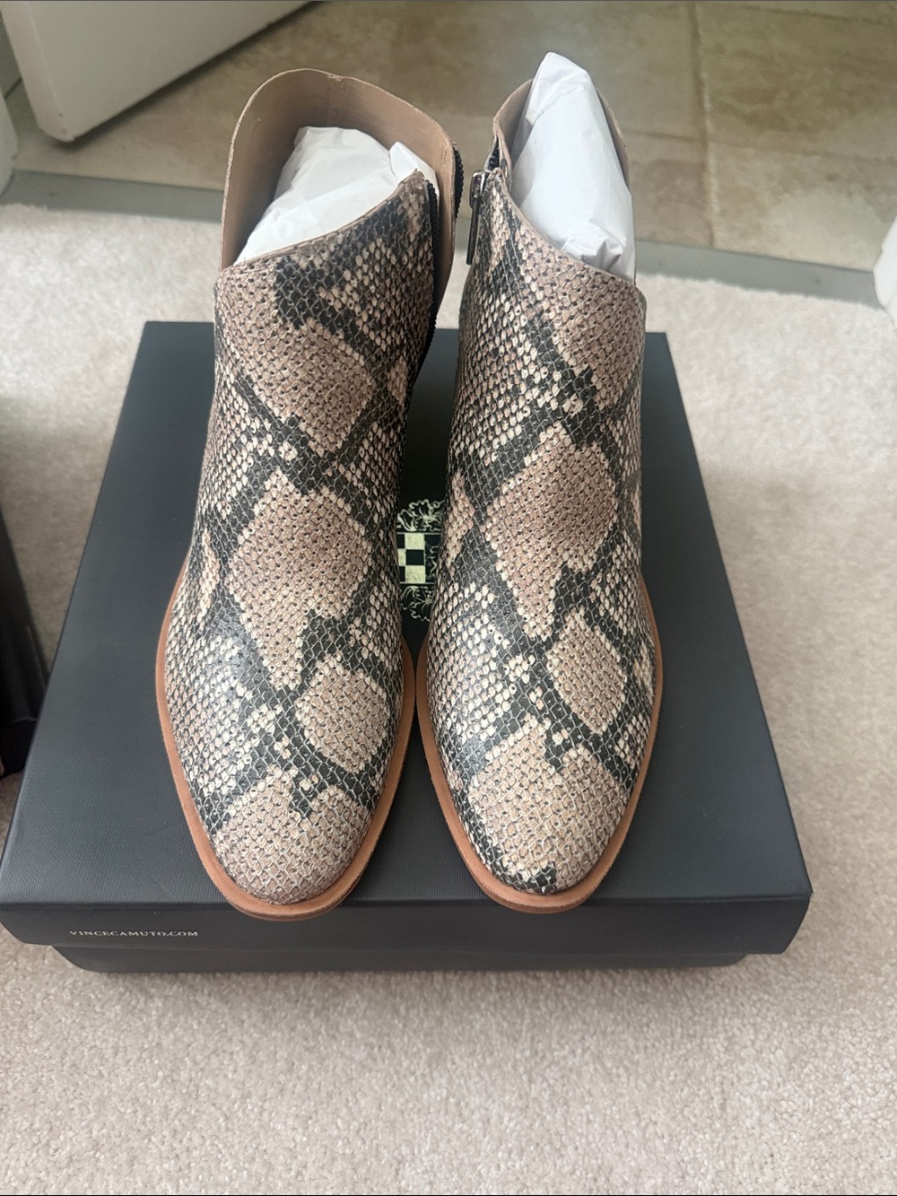 Vince Camuto Womenâs Taupe Snake-Print Ankle Boots 10